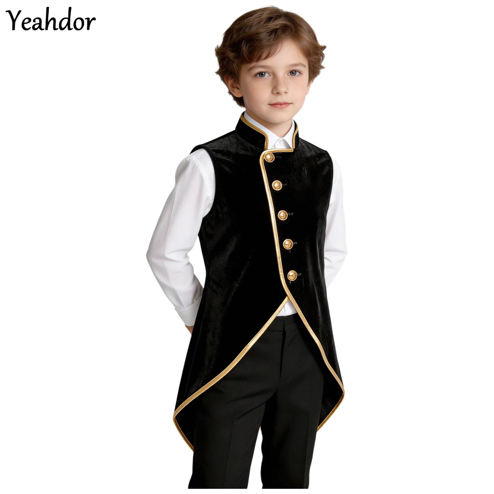 Costumes - เสื้อแจ็คเก็ตเทลโค้ทกำมะหยี่สไตล์เรโทรยุคกลางเรอเนซองส์สตีมพังก์โกธิคสำหรับเด็กผู้ชาย แต่งขอบเมทัลลิก เสื้อกั๊กวิคตอเรียน ชุดคาร์นิวัลฮาโลวีน