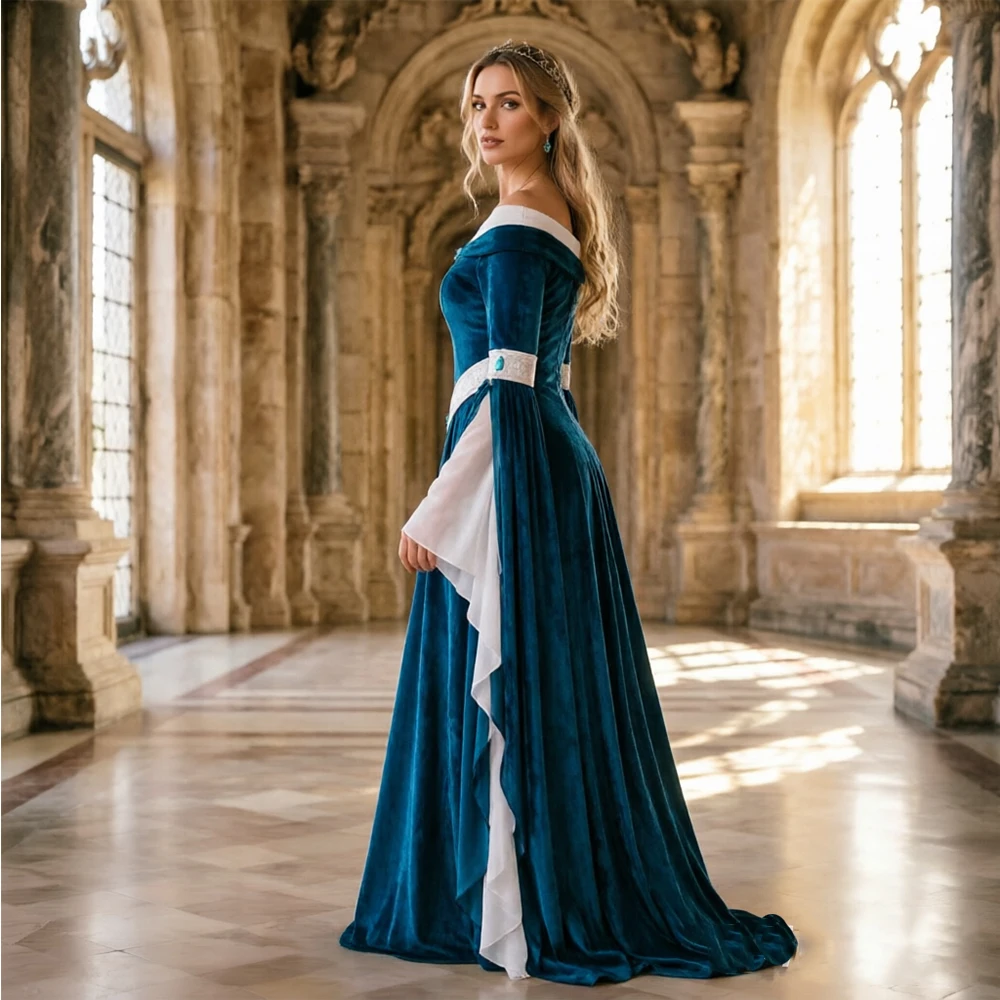 Medieval Renaissance Dress Women - ชุดเดรสสไตล์เอลฟ์ยุคกลางเรอเนซองส์ แบบเปิดไหล่ สีเขียวอมฟ้า ผ้ากำมะหยี่และชีฟอง แขนบานทรงเจ้าหญิง สำหรับผู้หญิง