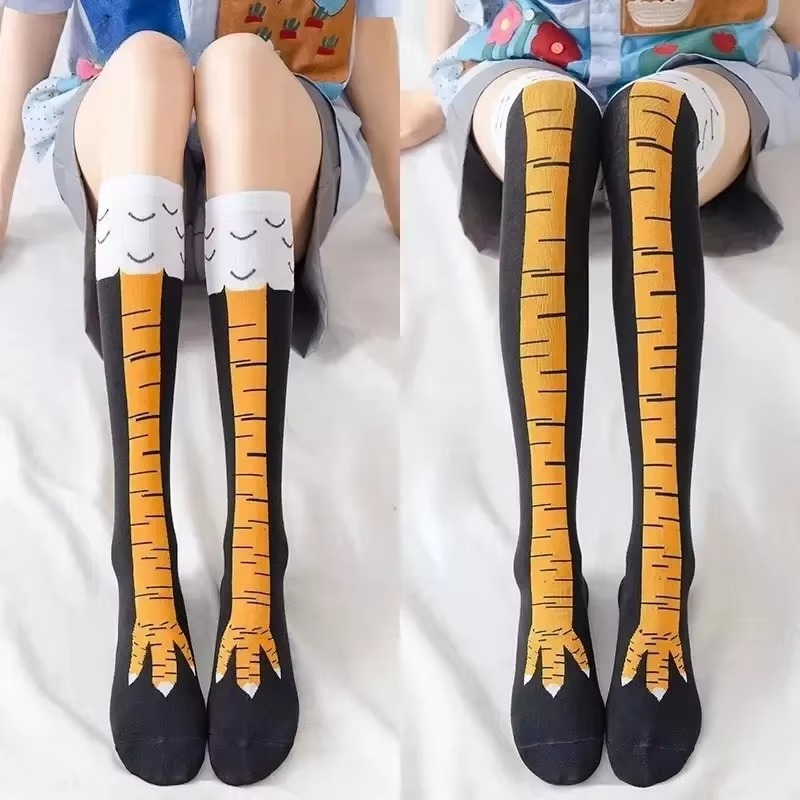 Funny Chicken Leg Socks - ถุงน่องลายเท้าไก่ตลก แบบยาวคลุมเข่า กระชับขาเรียวบาง สำหรับผู้หญิง ฤดูใบไม้ผลิ ฤดูใบไม้ร่วง