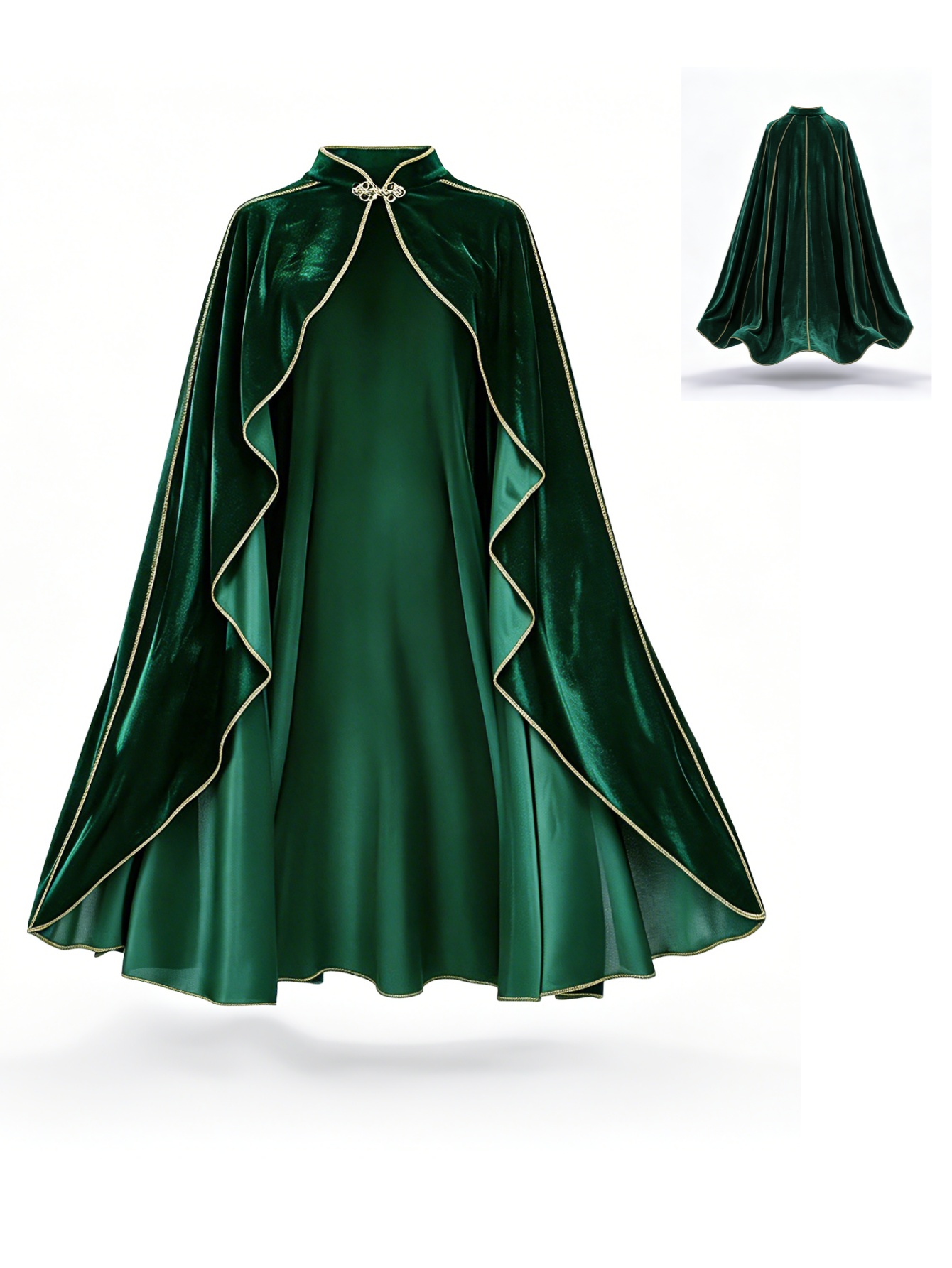 Medieval Renaissance Dress Women - เสื้อคลุมกำมะหยี่สีเขียวสไตล์วินเทจสำหรับผู้หญิง พร้อมขอบสีทอง คอตั้ง ชุดคอสเพลย์ เสื้อคลุมยาวสำหรับงานปาร์ตี้ฮาโลวีน แต่งกายสไตล์ยุคกลางเรอเนซองส์