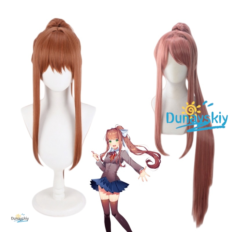 Anime Cosplay Wig Heat Resistant - ดีดีแอลซี โมนิก้าคอสเพลย์วิกผมยาวธรรมชาติ 80 100 ซม. พร้อมโบว์อุปกรณ์เสริมวิกผมทนความร้อนสำหรับชุดฮาโลวีน